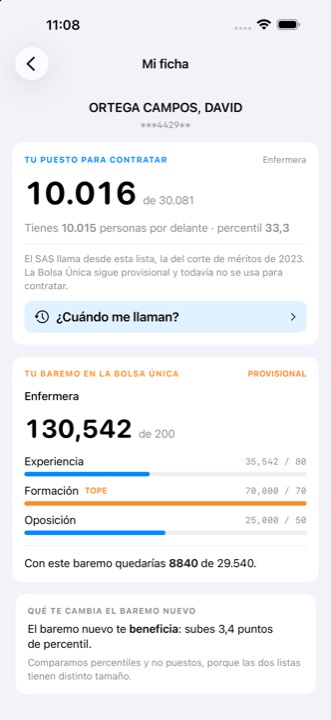Ficha de una persona en la app: su puesto en la bolsa y su baremo